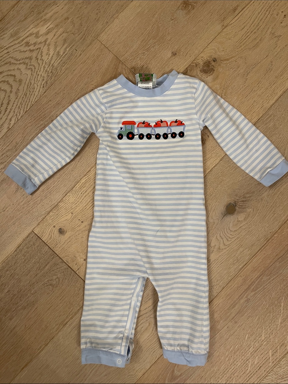 Cecil and Lou train and pumpkins blue striped one piece size 18 months